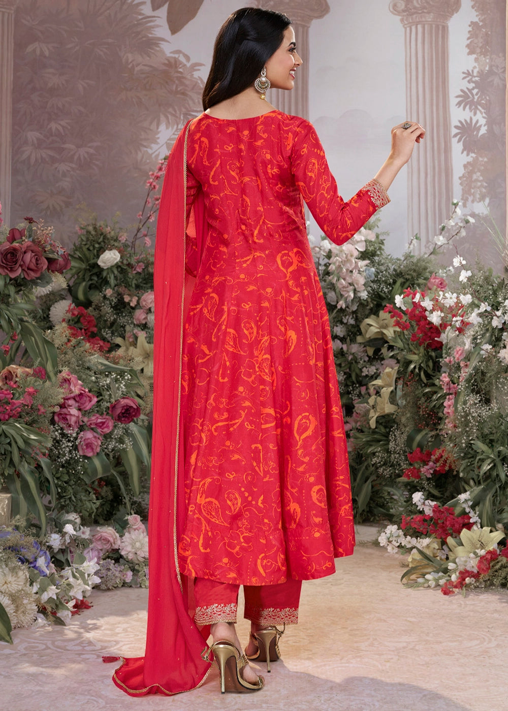 Scarlet Red Viscose Silk Anarkali Dress with Embroidery Detailing
