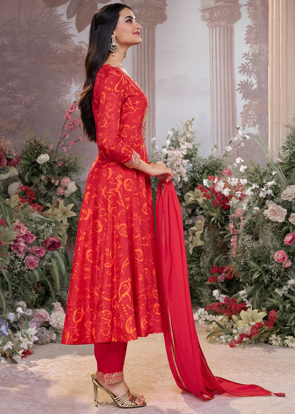 Scarlet Red Viscose Silk Anarkali Dress with Embroidery Detailing