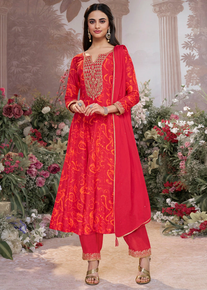 Scarlet Red Viscose Silk Anarkali Dress with Embroidery Detailing