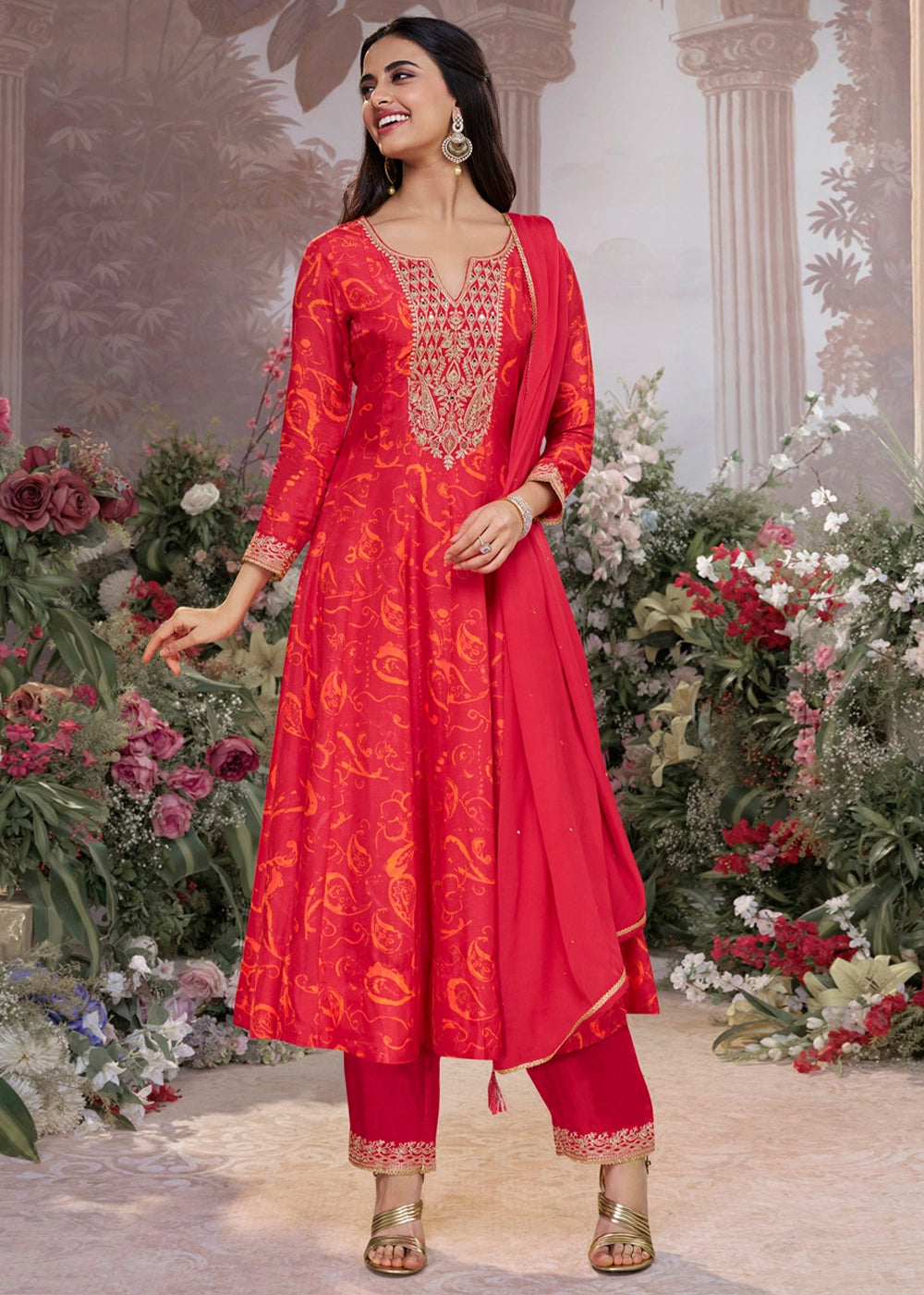 Scarlet Red Viscose Silk Anarkali Dress with Embroidery Detailing