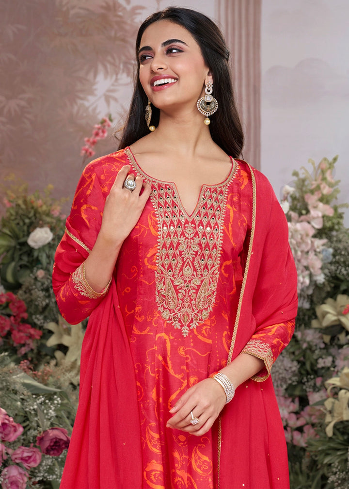 Scarlet Red Viscose Silk Anarkali Dress with Embroidery Detailing