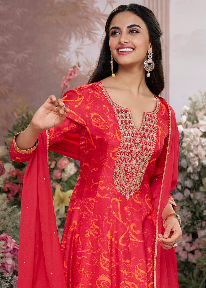 Scarlet Red Viscose Silk Anarkali Dress with Embroidery Detailing