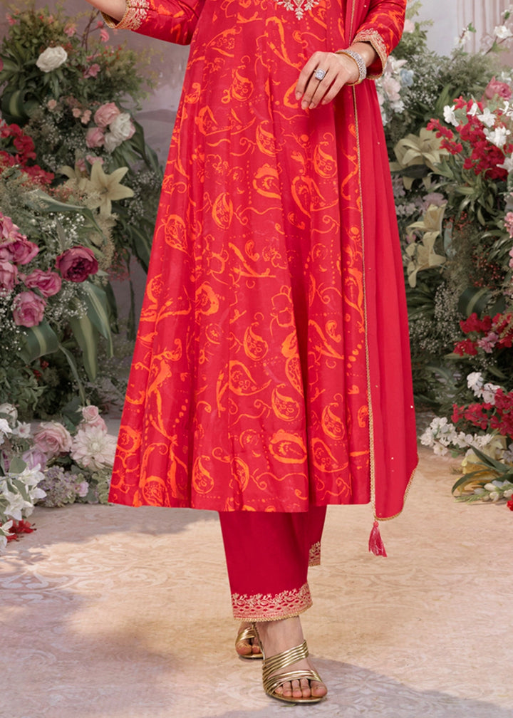Scarlet Red Viscose Silk Anarkali Dress with Embroidery Detailing