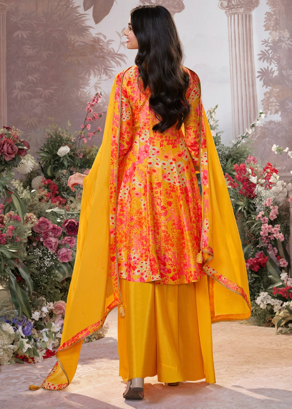 Saffron Yellow Silk Sharara Suit with Digital Print Design & Embroidery
