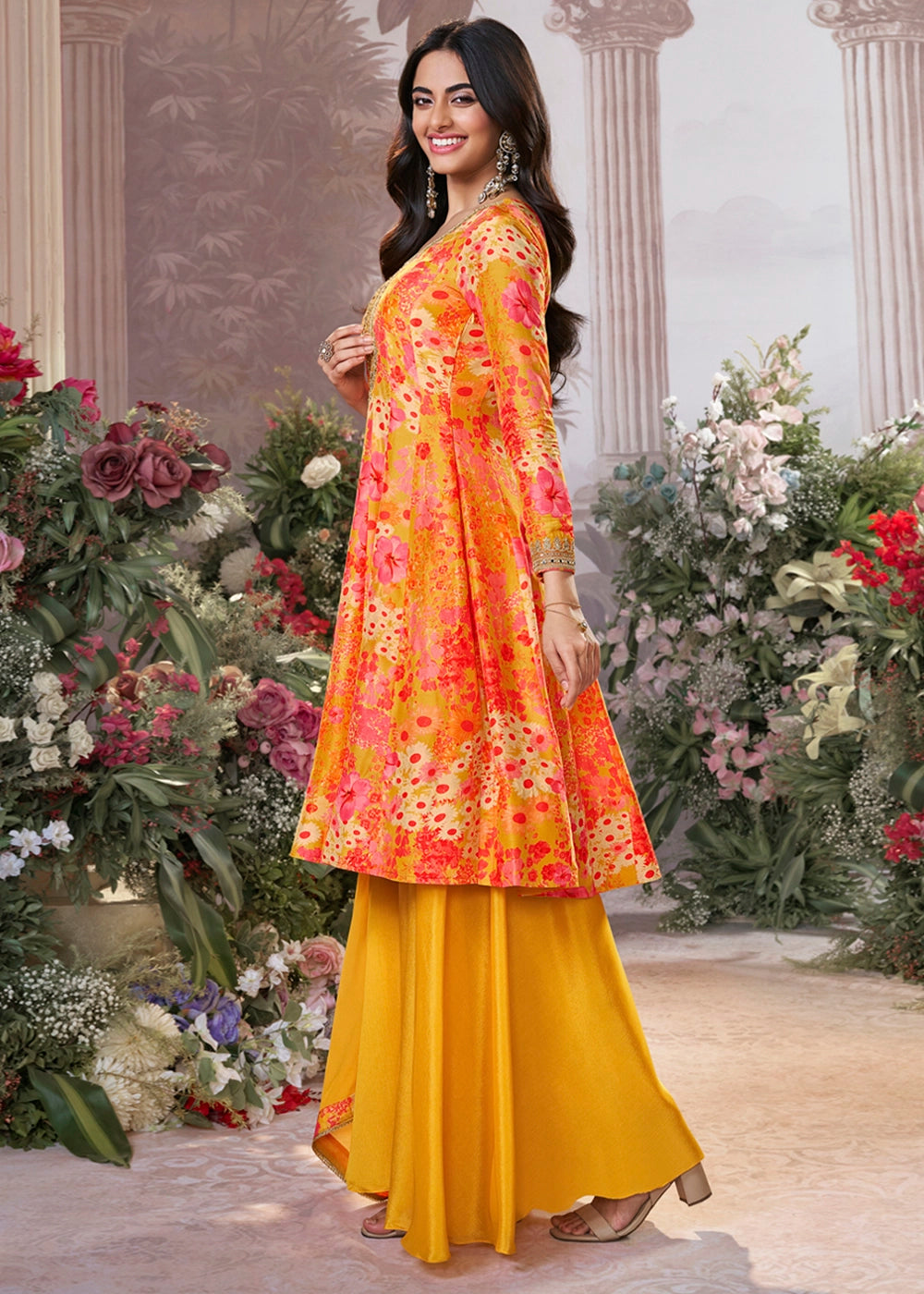 Saffron Yellow Silk Sharara Suit with Digital Print Design & Embroidery
