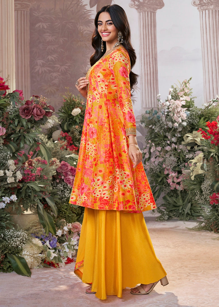 Saffron Yellow Silk Sharara Suit with Digital Print Design & Embroidery
