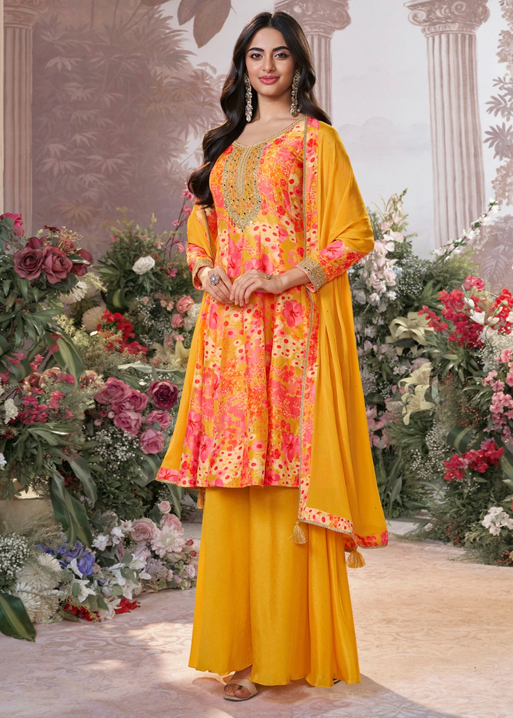 Saffron Yellow Silk Sharara Suit with Digital Print Design & Embroidery