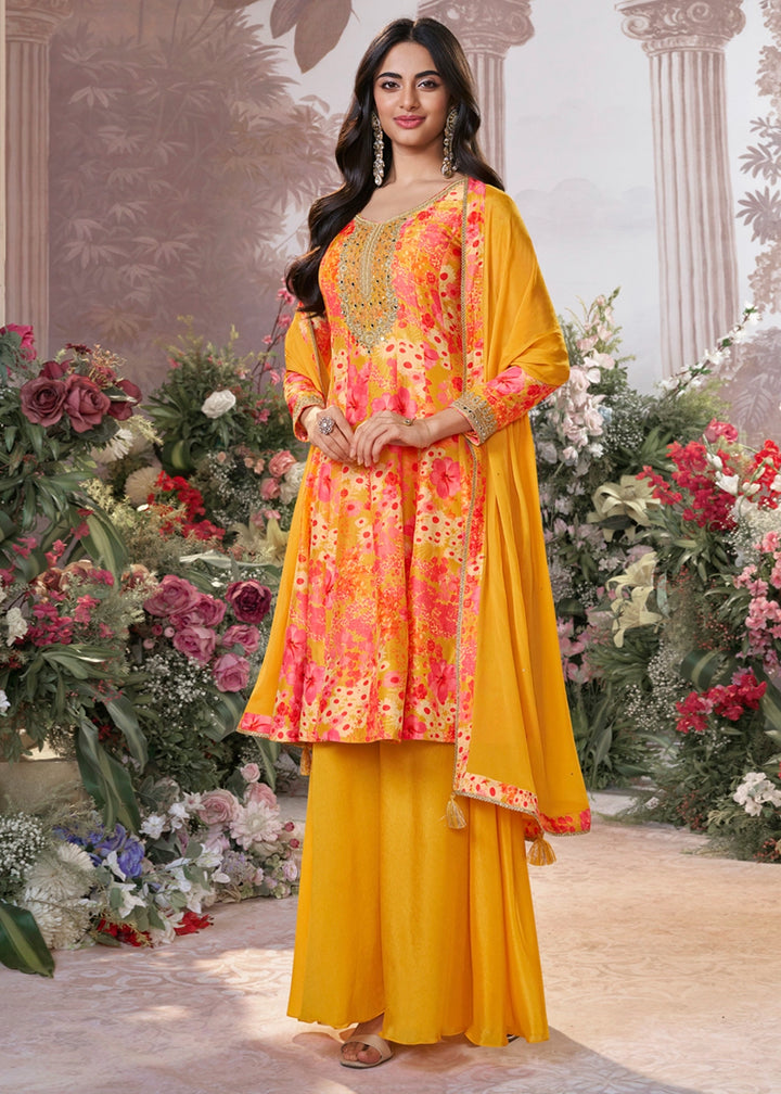 Saffron Yellow Silk Sharara Suit with Digital Print Design & Embroidery