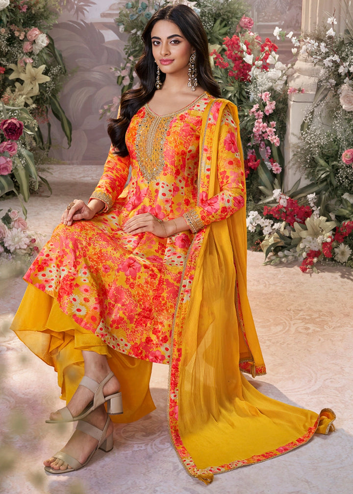 Saffron Yellow Silk Sharara Suit with Digital Print Design & Embroidery