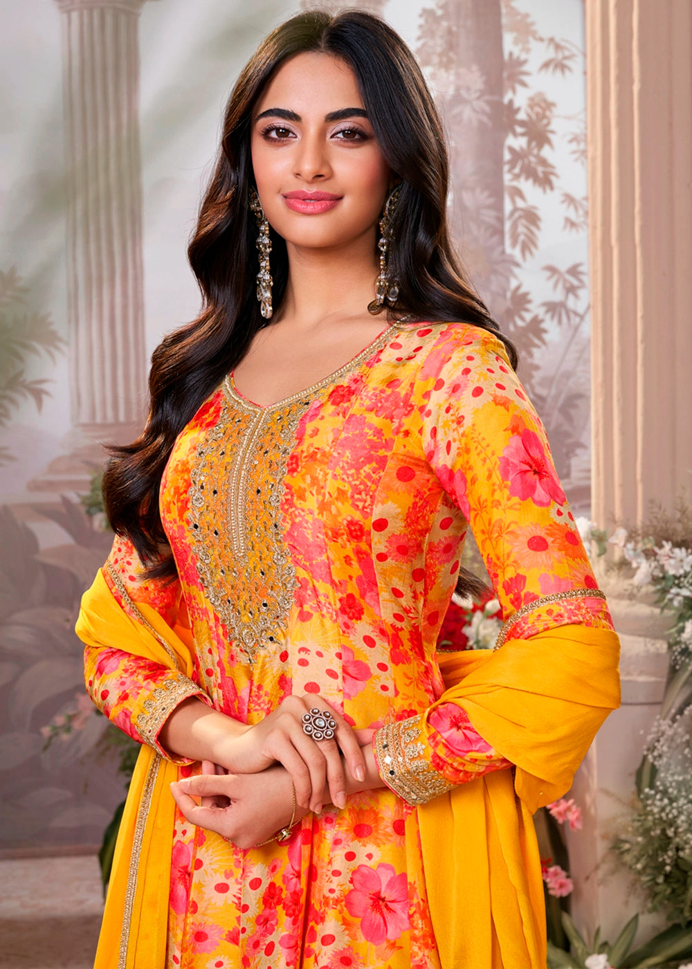 Saffron Yellow Silk Sharara Suit with Digital Print Design & Embroidery