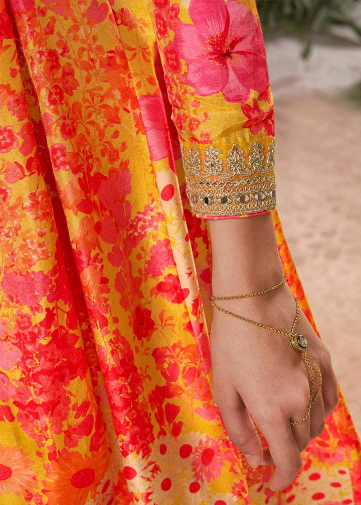 Saffron Yellow Silk Sharara Suit with Digital Print Design & Embroidery