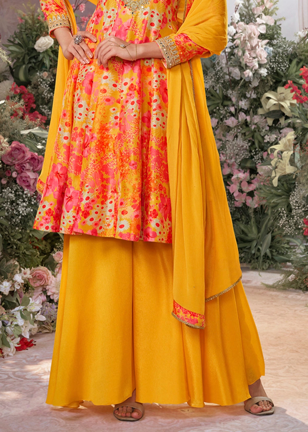Saffron Yellow Silk Sharara Suit with Digital Print Design & Embroidery