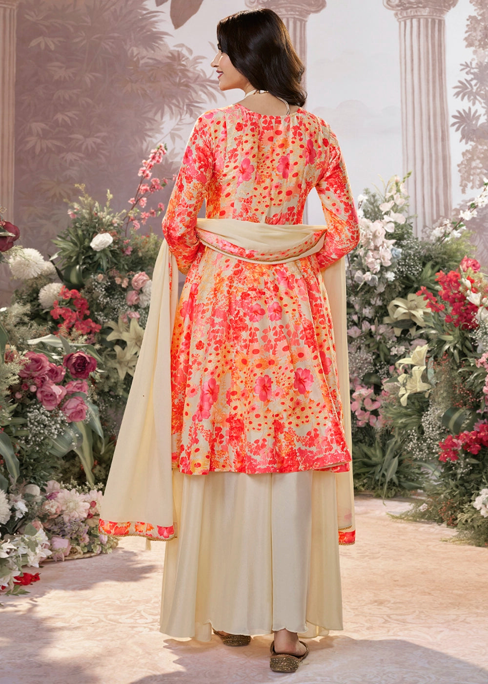 Cream White Silk Sharara Suit with Digital Print Design & Embroidery