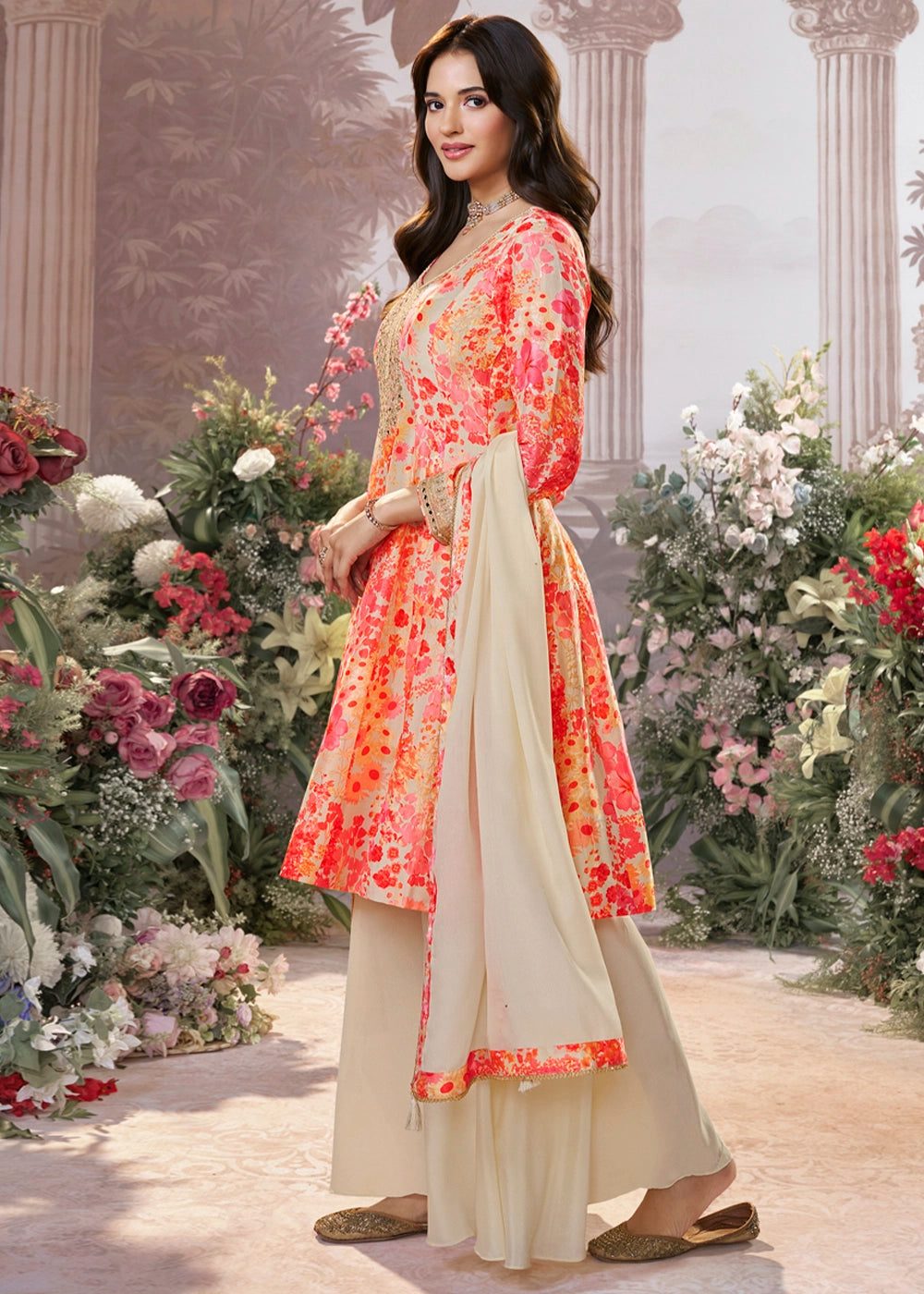 Cream White Silk Sharara Suit with Digital Print Design & Embroidery