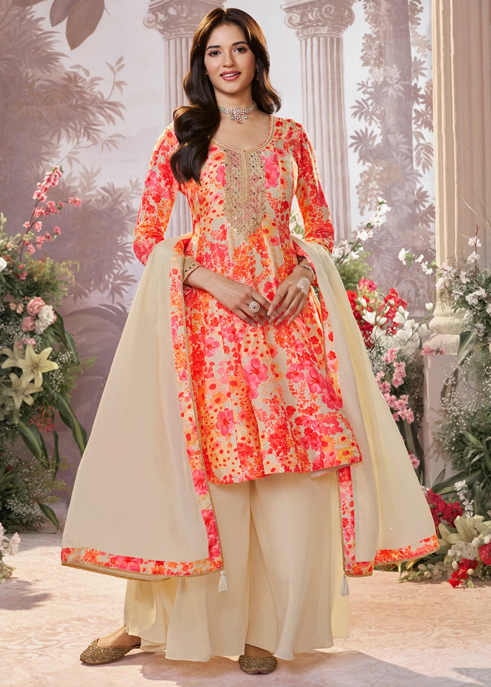Cream White Silk Sharara Suit with Digital Print Design & Embroidery