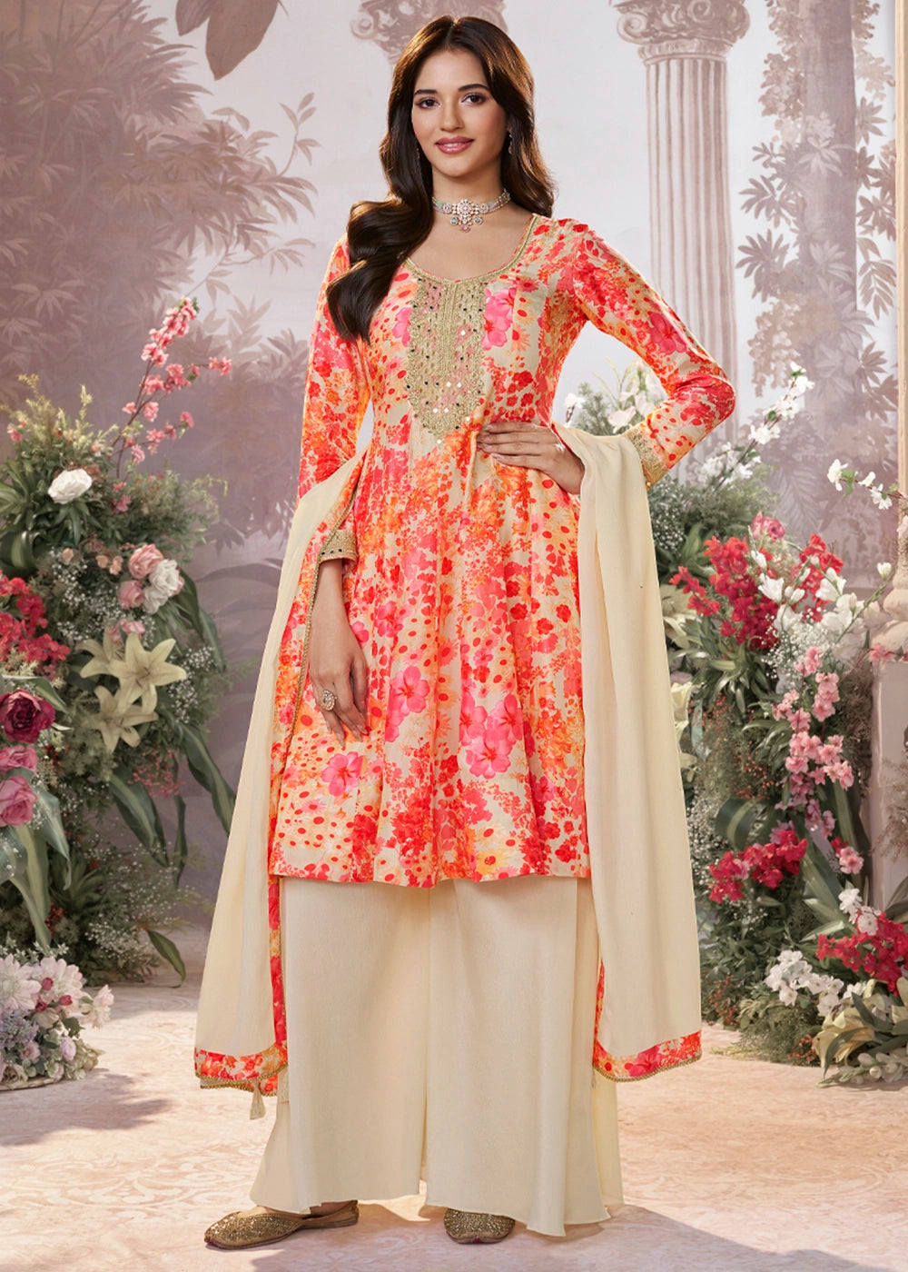 Cream White Silk Sharara Suit with Digital Print Design & Embroidery