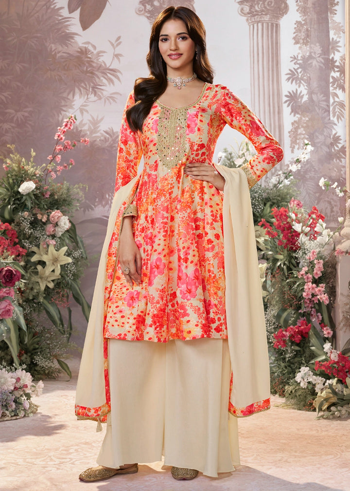 Cream White Silk Sharara Suit with Digital Print Design & Embroidery