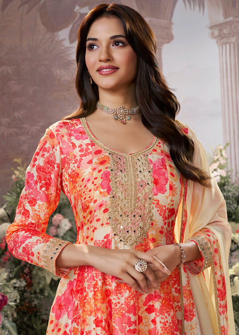 Cream White Silk Sharara Suit with Digital Print Design & Embroidery