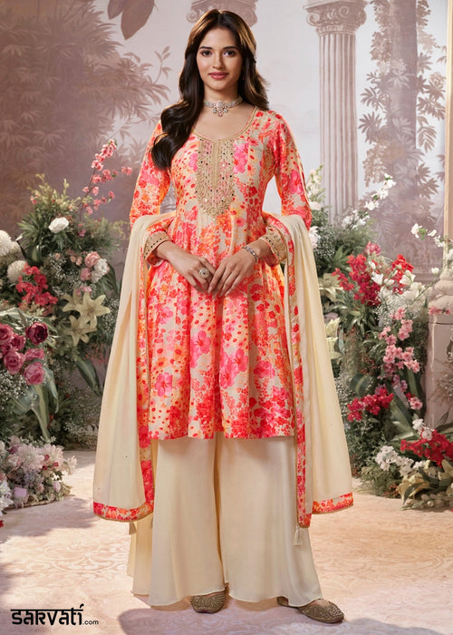 Cream White Silk Sharara Suit with Digital Print Design & Embroidery