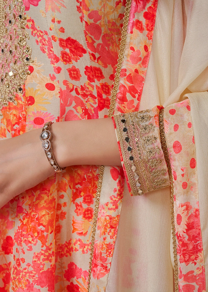 Cream White Silk Sharara Suit with Digital Print Design & Embroidery