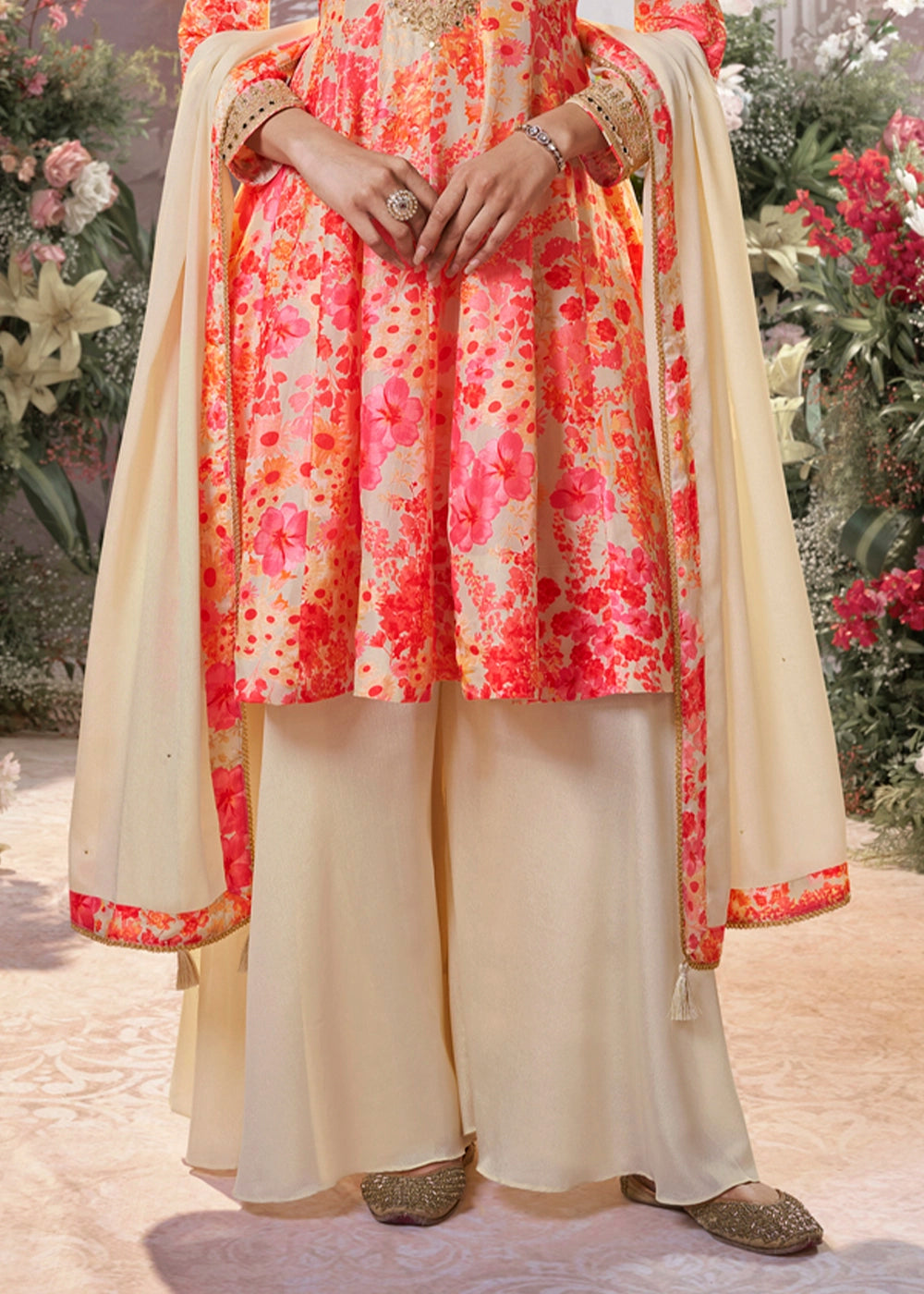 Cream White Silk Sharara Suit with Digital Print Design & Embroidery