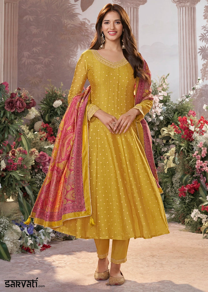 Mustard Yellow Anarkali Suit in Tissue Silk with Embroidery Detailing