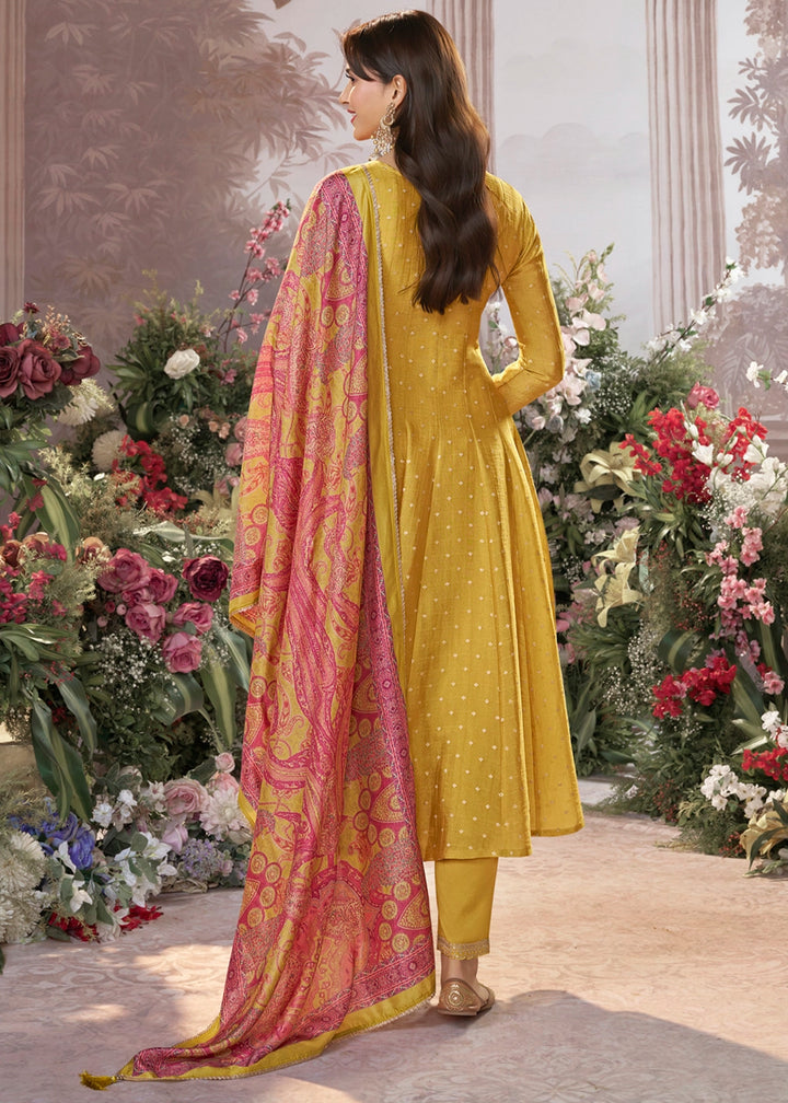 Mustard Yellow Anarkali Suit in Tissue Silk with Embroidery Detailing