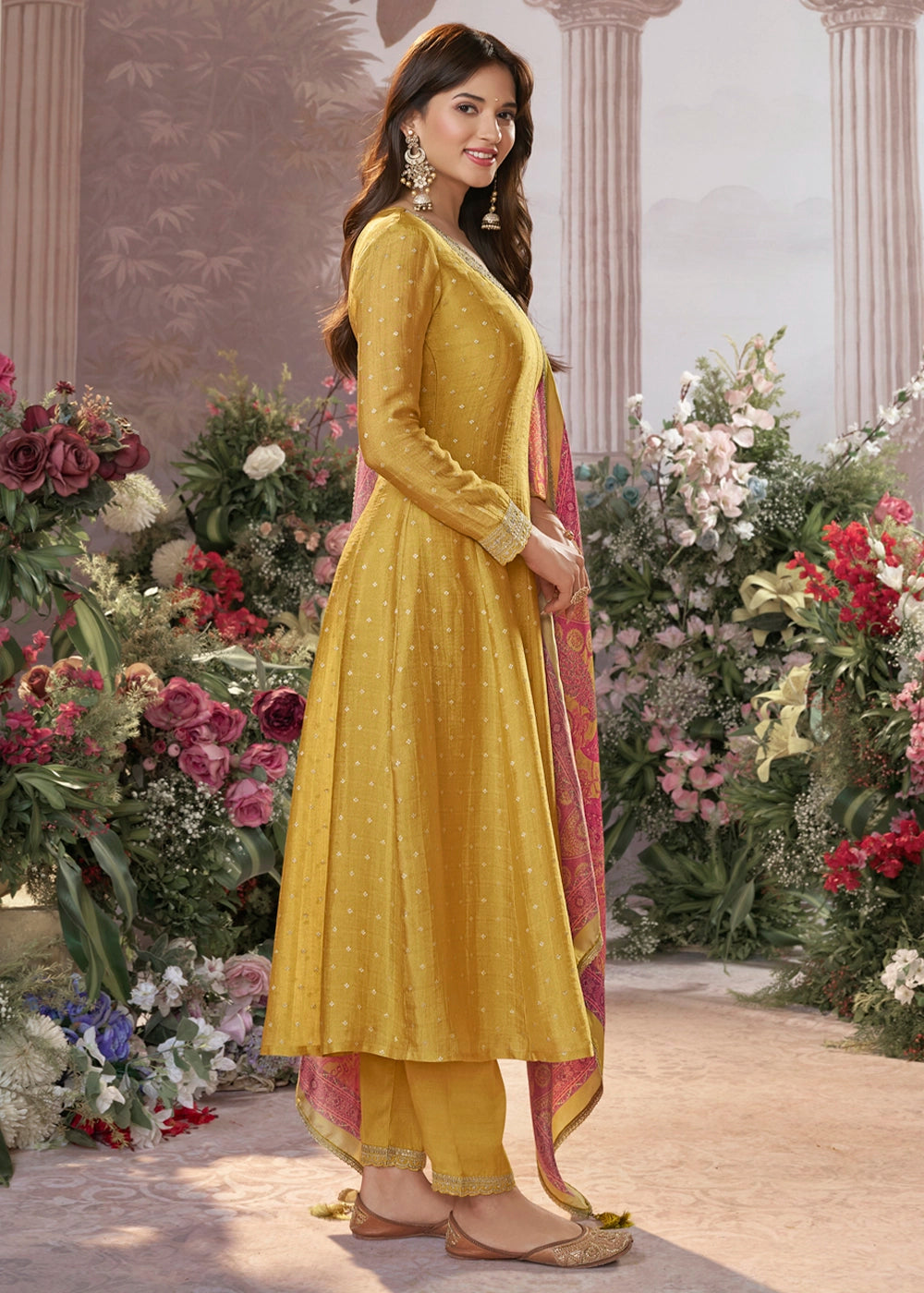 Mustard Yellow Anarkali Suit in Tissue Silk with Embroidery Detailing