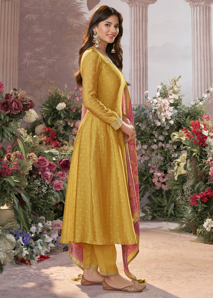 Mustard Yellow Anarkali Suit in Tissue Silk with Embroidery Detailing