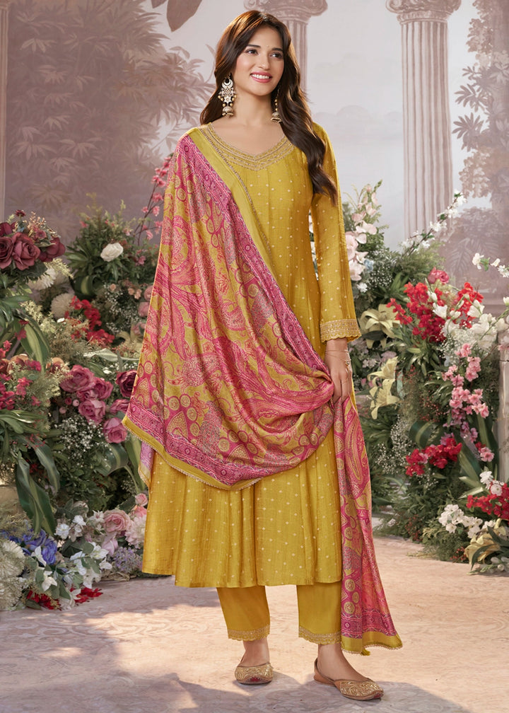Mustard Yellow Anarkali Suit in Tissue Silk with Embroidery Detailing