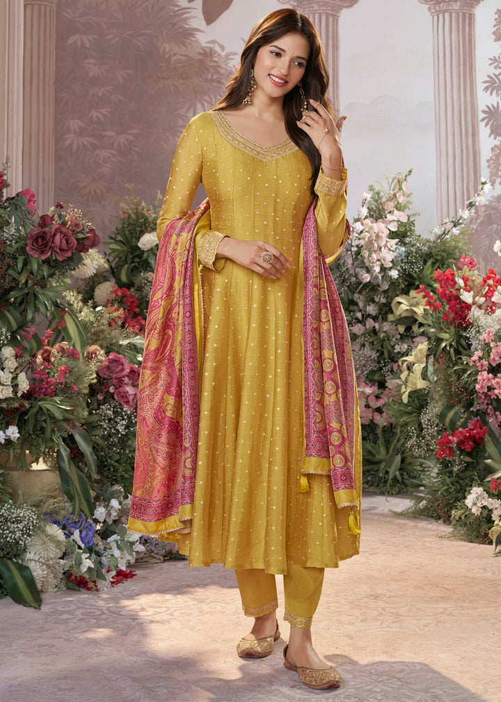 Mustard Yellow Anarkali Suit in Tissue Silk with Embroidery Detailing