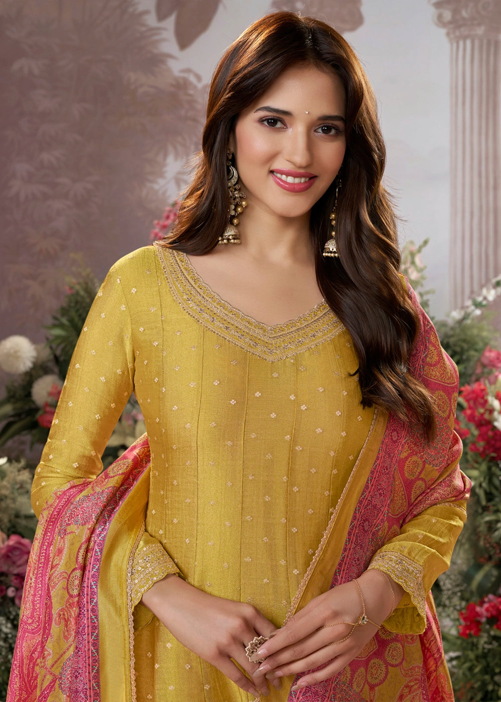 Mustard Yellow Anarkali Suit in Tissue Silk with Embroidery Detailing