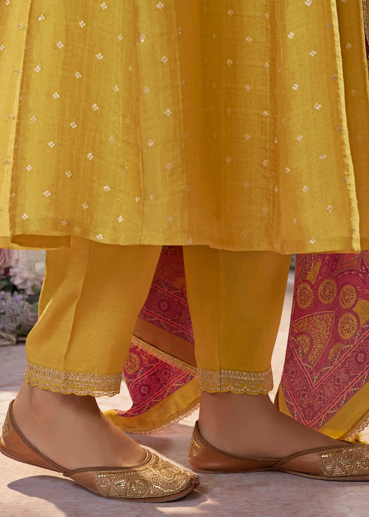 Mustard Yellow Anarkali Suit in Tissue Silk with Embroidery Detailing