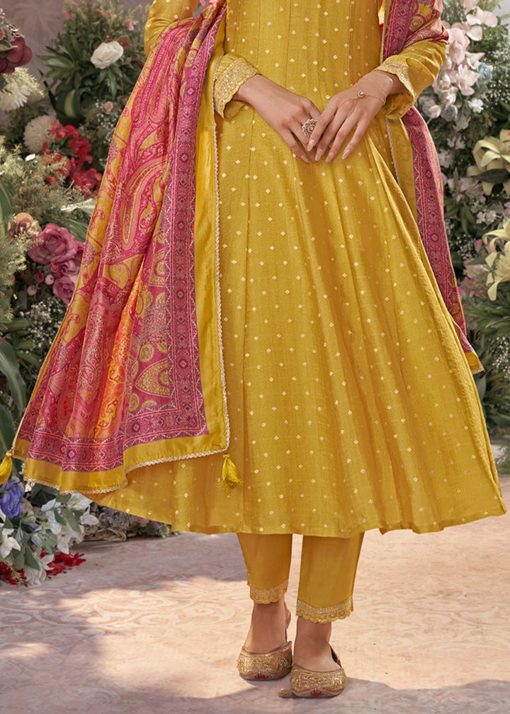 Mustard Yellow Anarkali Suit in Tissue Silk with Embroidery Detailing
