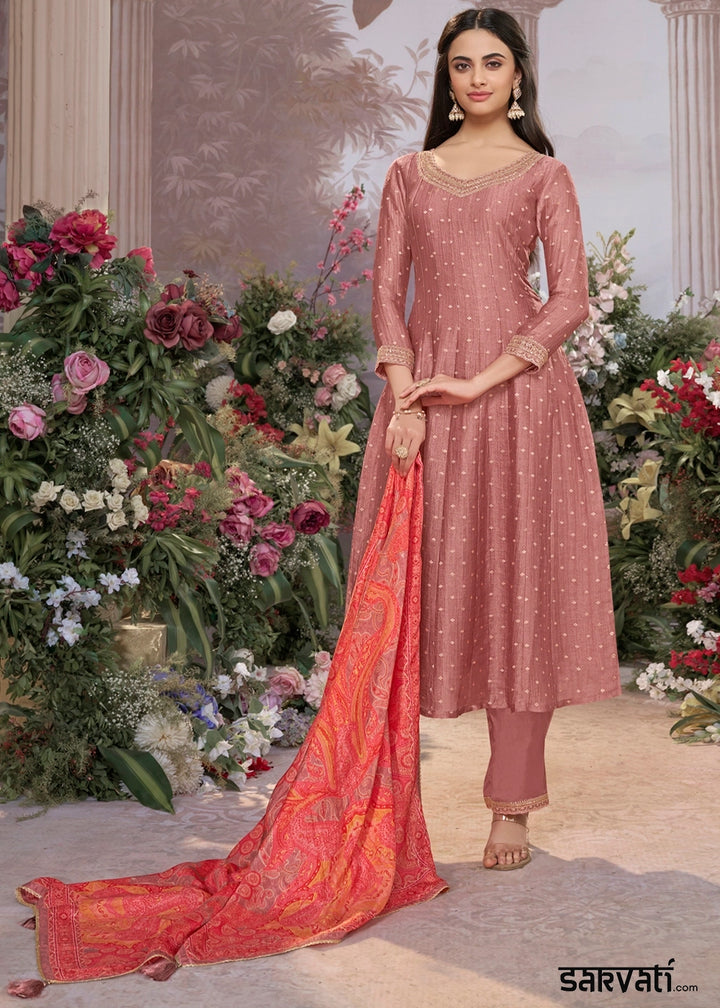 Wildberry Purple Anarkali Suit in Tissue Silk with Embroidery Detailing