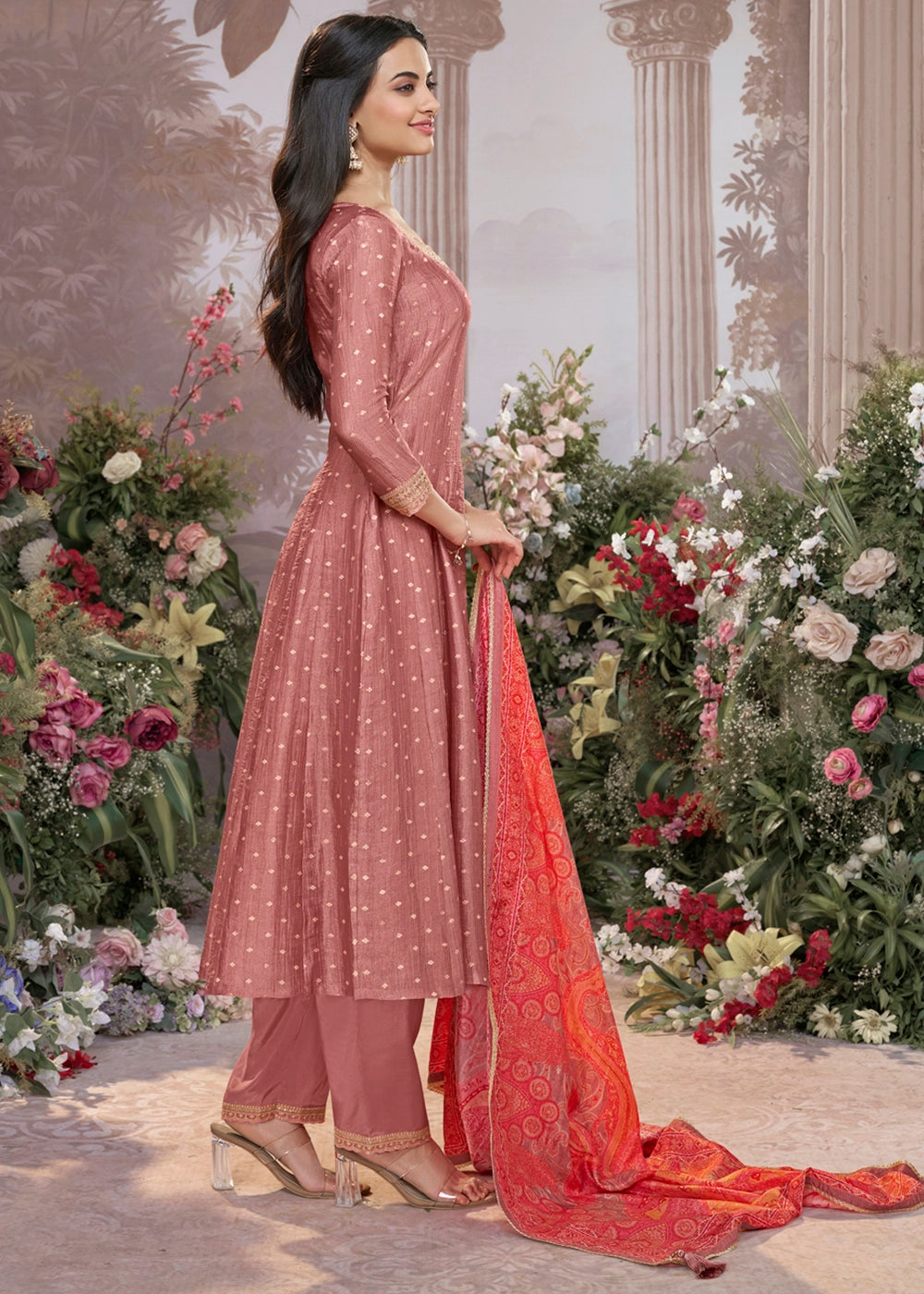 Wildberry Purple Anarkali Suit in Tissue Silk with Embroidery Detailing