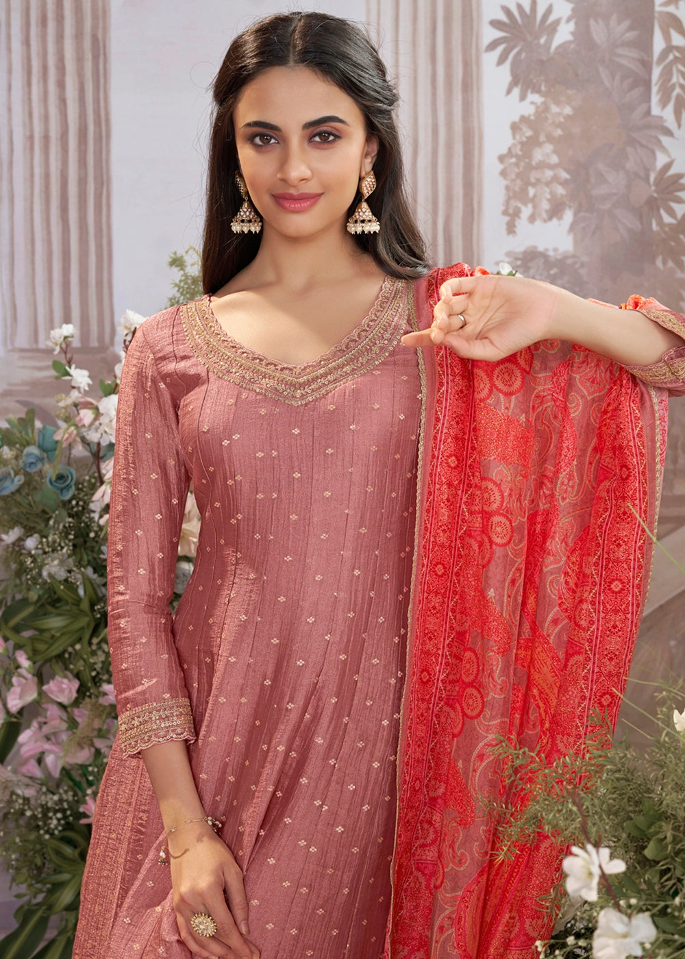 Wildberry Purple Anarkali Suit in Tissue Silk with Embroidery Detailing
