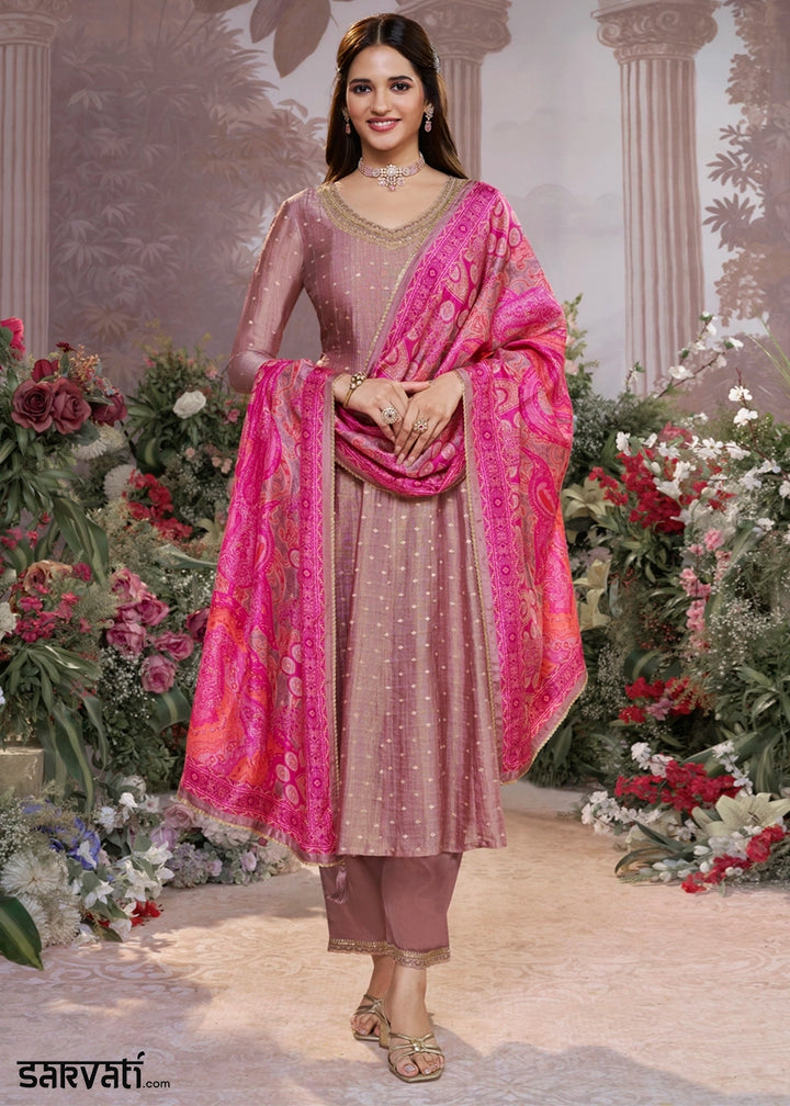 Shades Of Purple Anarkali Suit in Tissue Silk with Embroidery Detailing