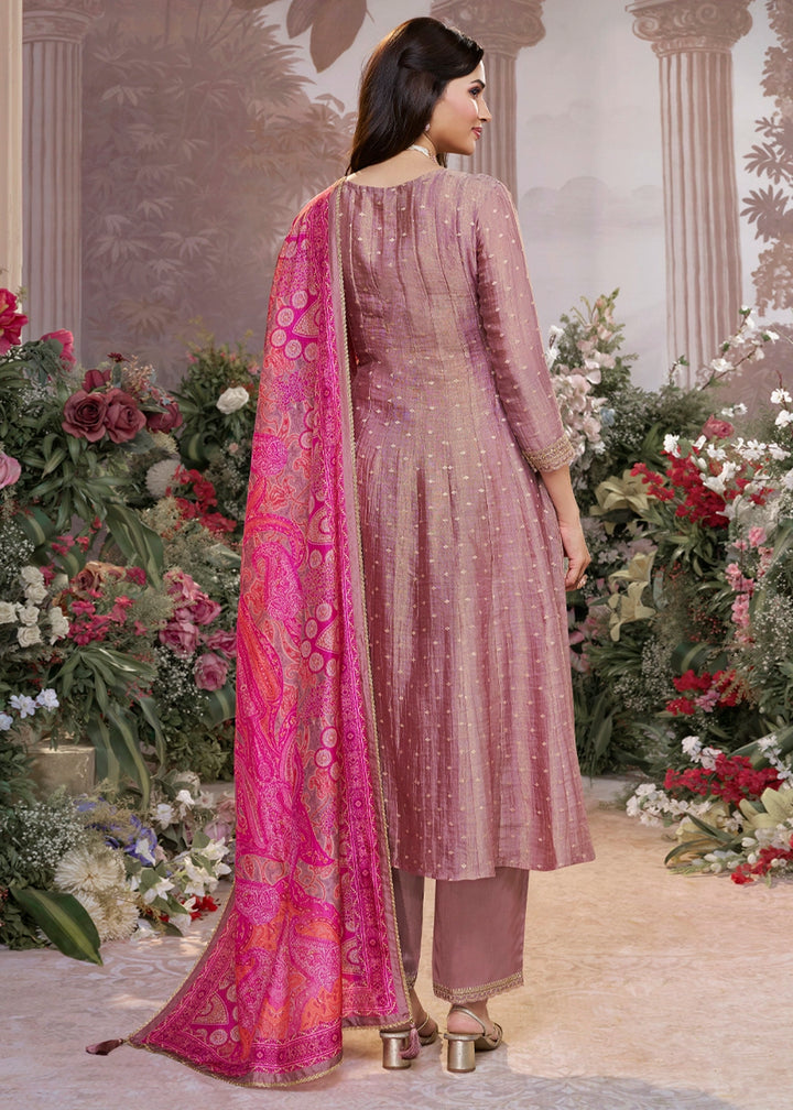 Shades Of Purple Anarkali Suit in Tissue Silk with Embroidery Detailing