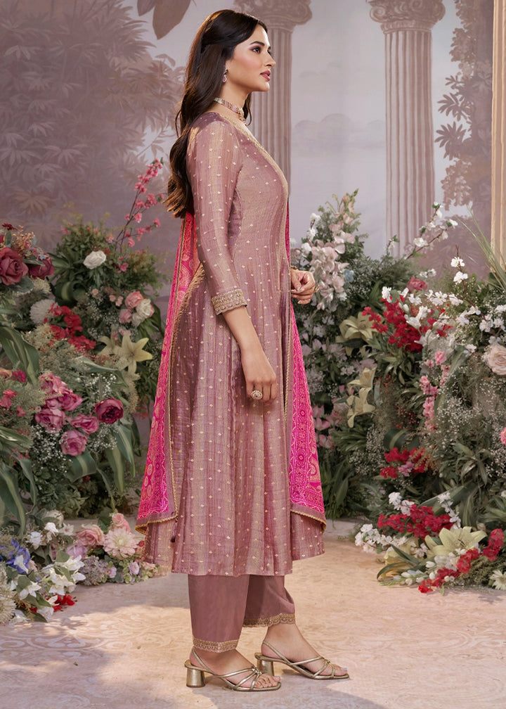 Shades Of Purple Anarkali Suit in Tissue Silk with Embroidery Detailing