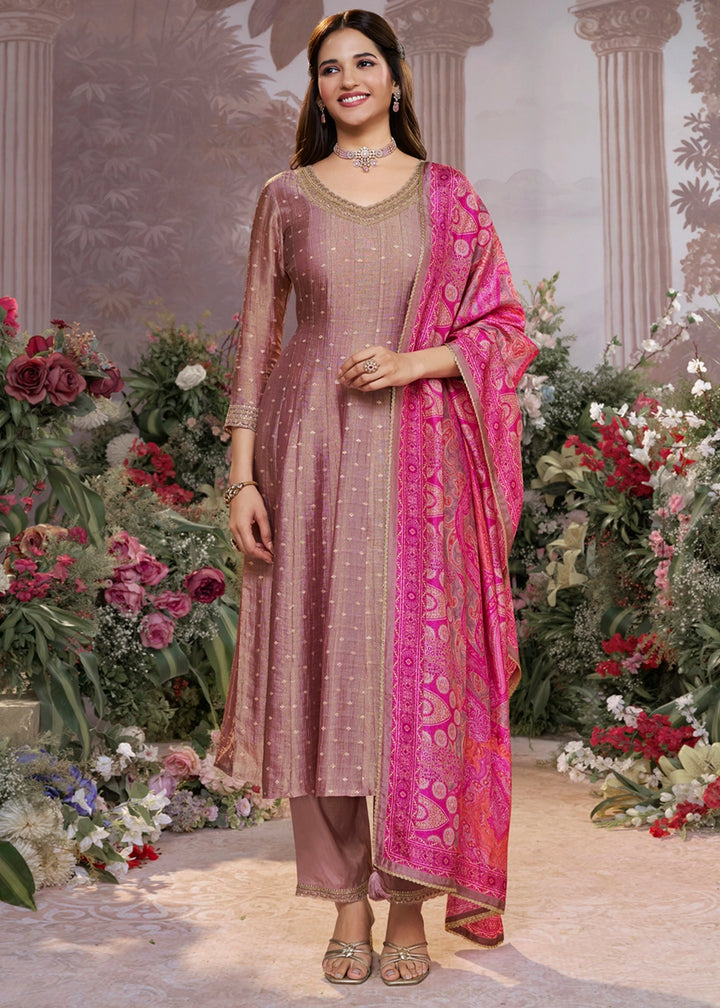 Shades Of Purple Anarkali Suit in Tissue Silk with Embroidery Detailing