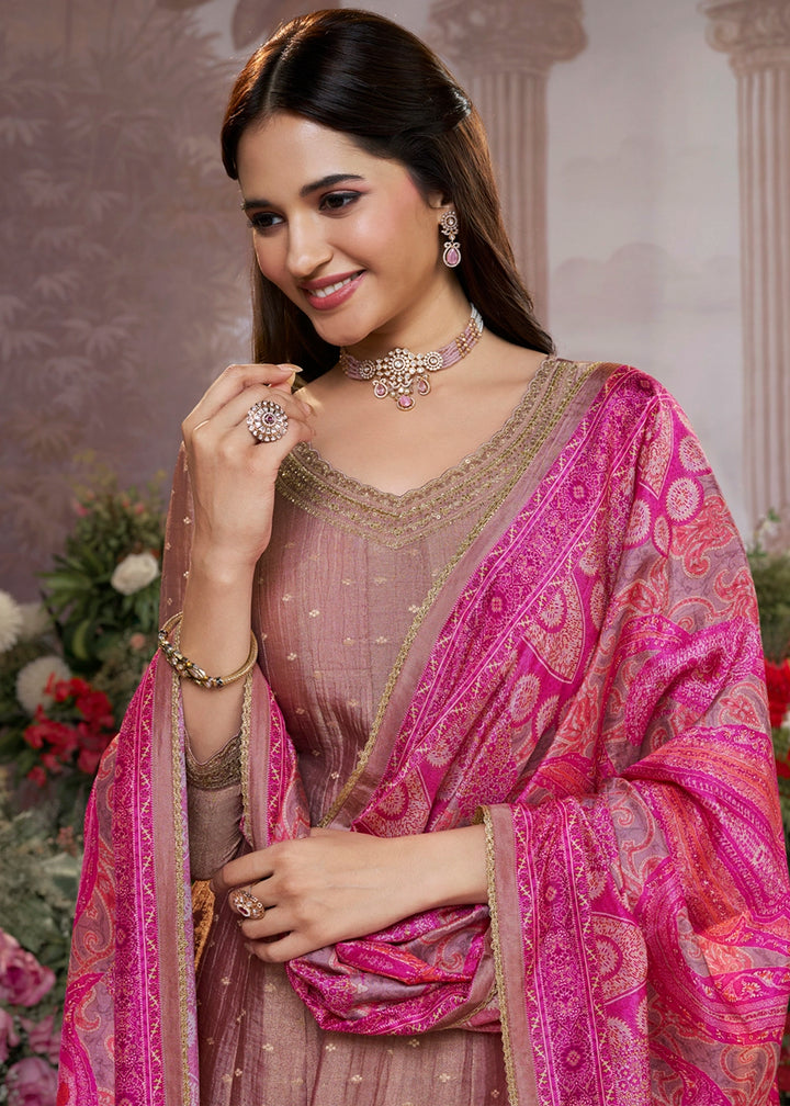 Shades Of Purple Anarkali Suit in Tissue Silk with Embroidery Detailing