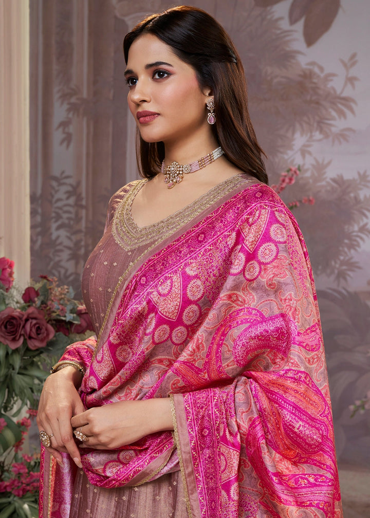 Shades Of Purple Anarkali Suit in Tissue Silk with Embroidery Detailing