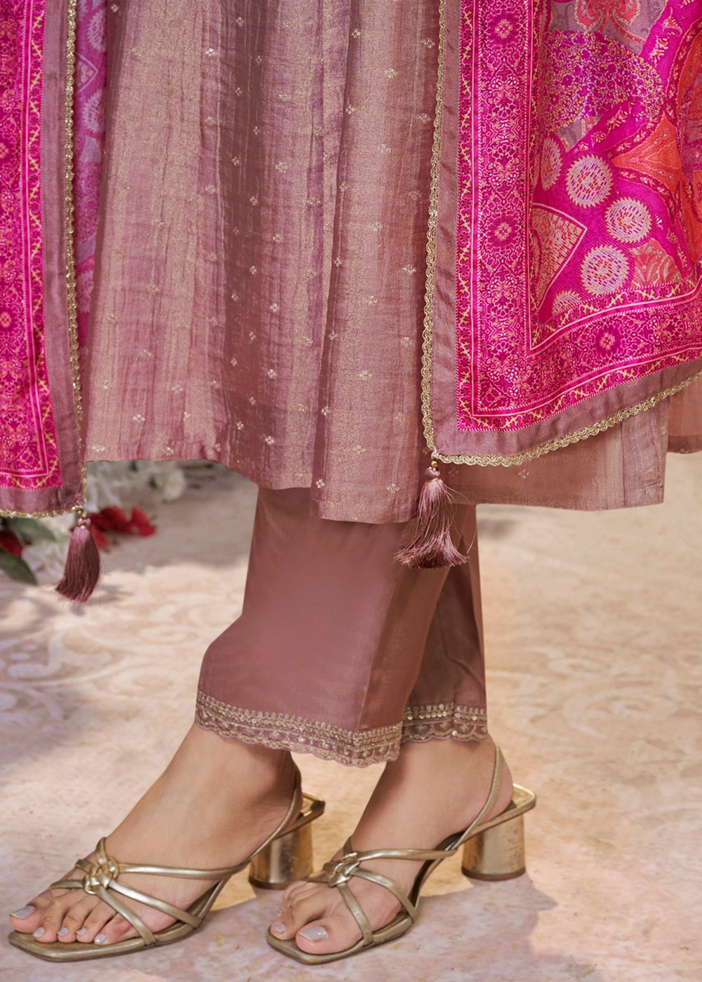 Shades Of Purple Anarkali Suit in Tissue Silk with Embroidery Detailing