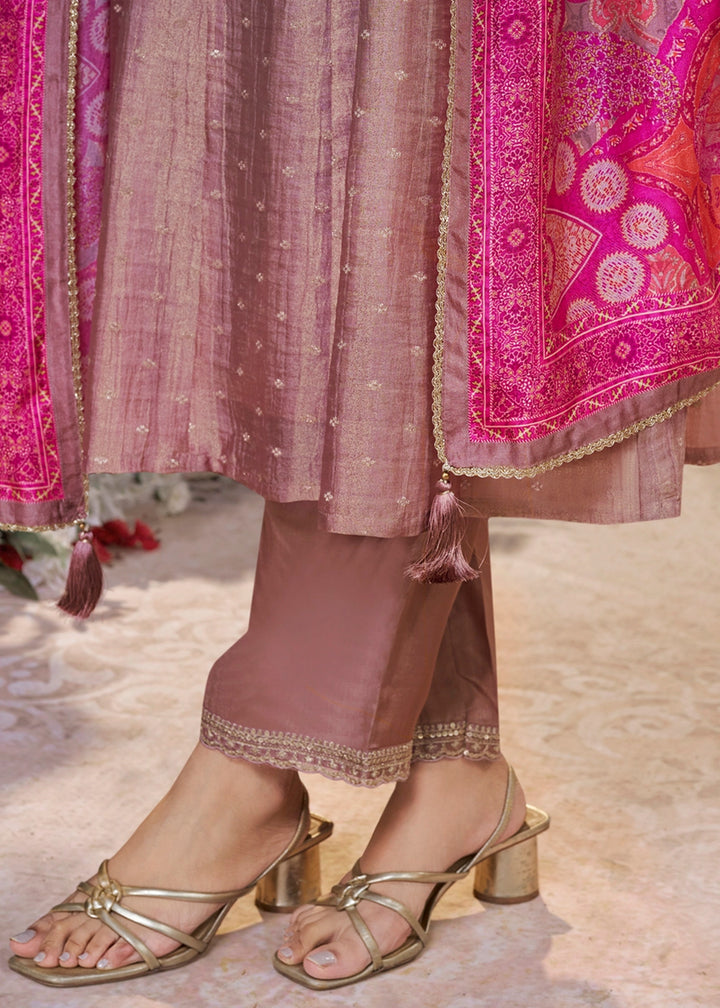 Shades Of Purple Anarkali Suit in Tissue Silk with Embroidery Detailing
