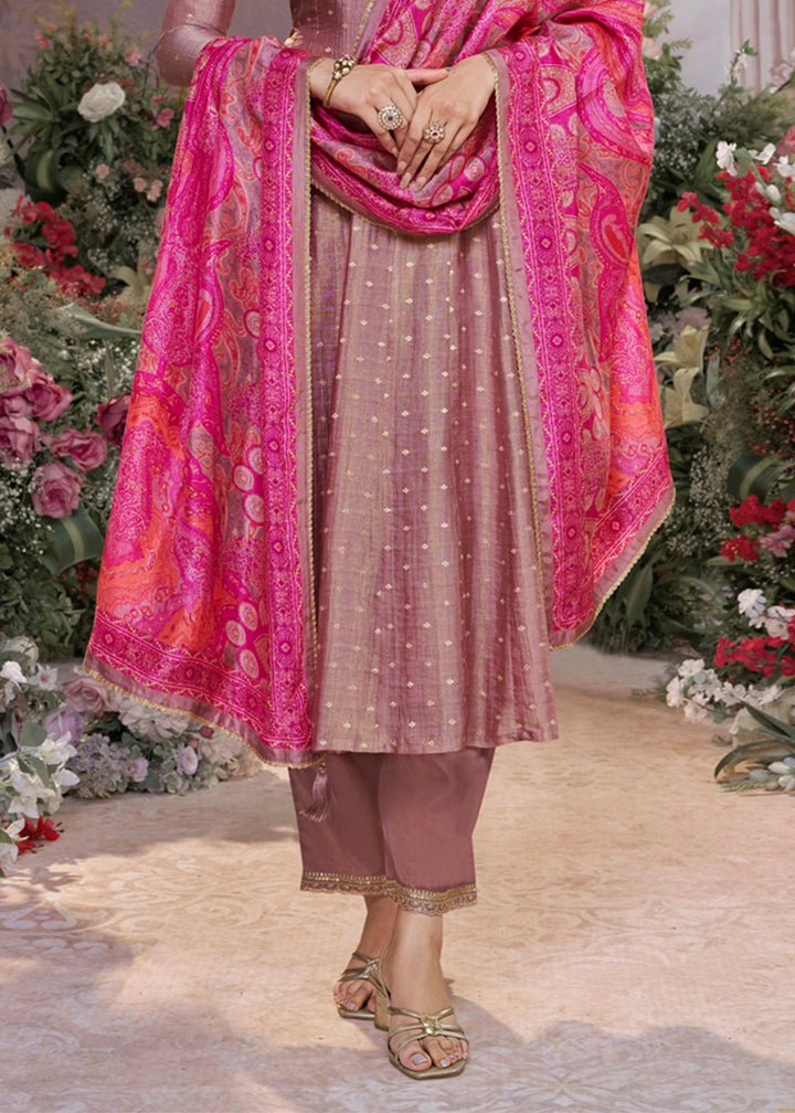 Shades Of Purple Anarkali Suit in Tissue Silk with Embroidery Detailing