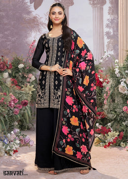 Pitch Black Floral Embroidered Chinon Silk Sharara Suit Set