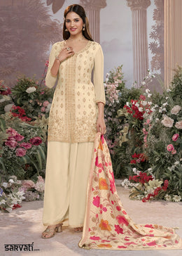 Cream White Floral Embroidered Chinon Silk Sharara Suit Set