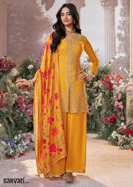 Honey Yellow Floral Embroidered Chinon Silk Sharara Suit Set