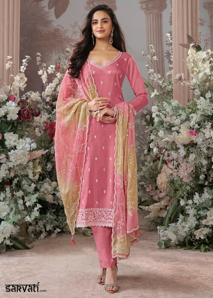 Vivid Pink Dola Silk Straight Kurta Set with Embroidery and Butta Accents